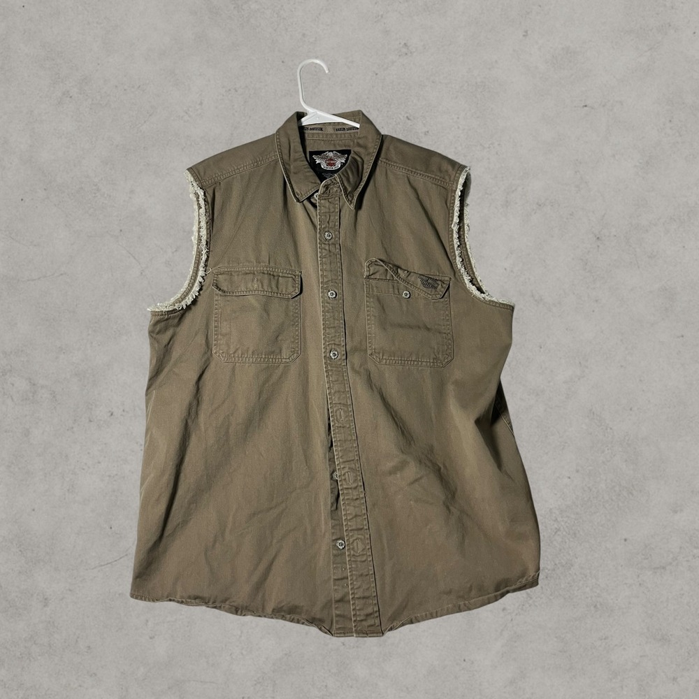 Harley-Davidson Mens Sleeveless Button Up Shirt Eagle Logo Brown Khaki XL